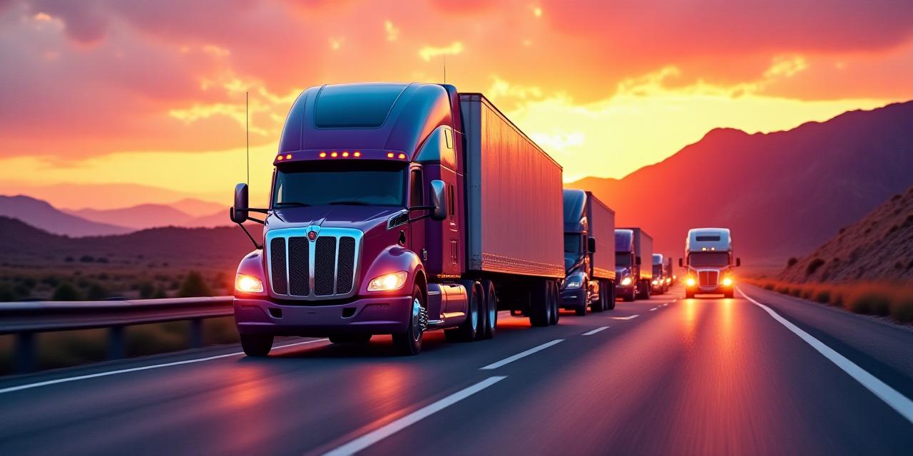 A vibrant convoy of Trucking Company of America LLC trucks moving through a sunset highway